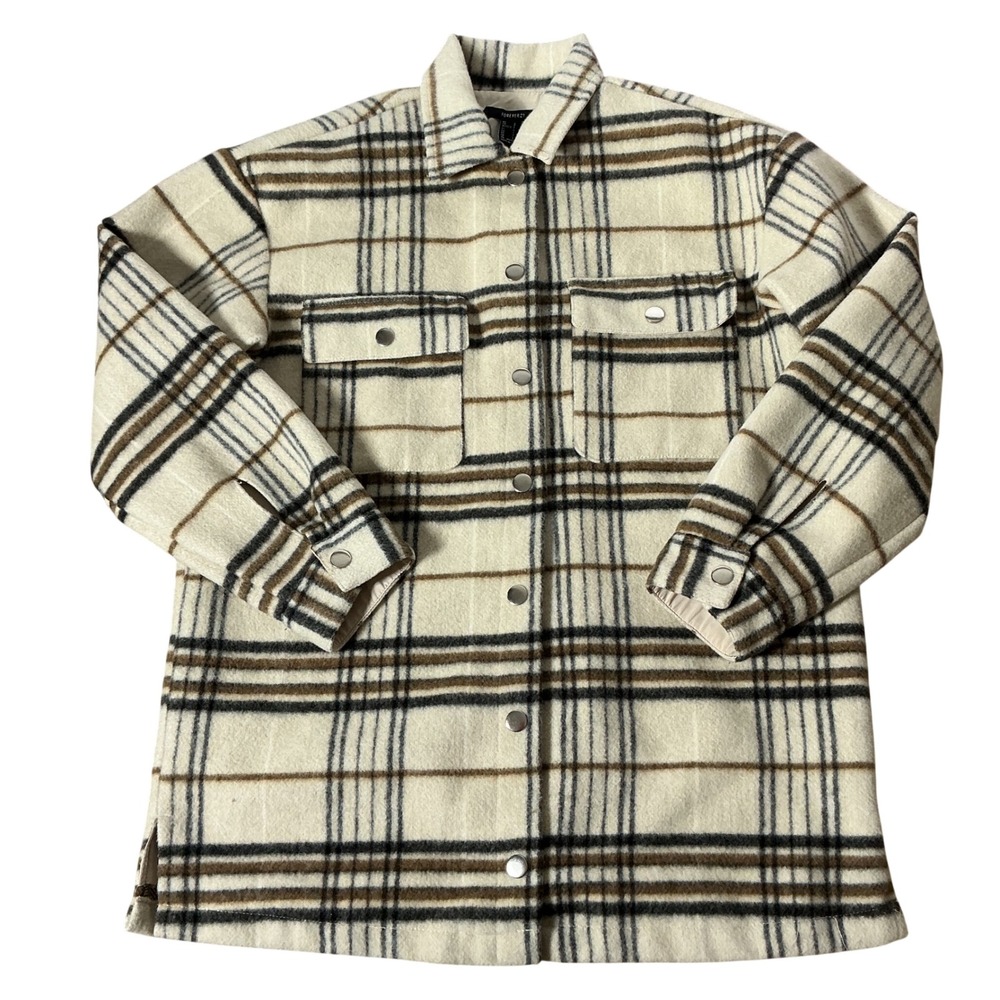Forever 21 Plaid Shacket Women Small Cream Brown Black Flannel Shirt Jacket